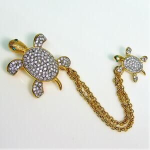 Joan Rivers Sea Turtle Brooch Pin Gold Plated Baby Turtle Crystal Rhinestone New